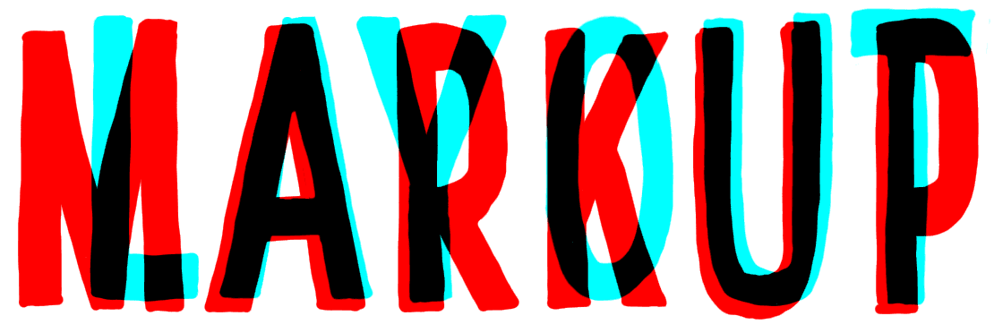 The words “MARKUP” and “LAYOUT” written on top of one another in red and cyan.