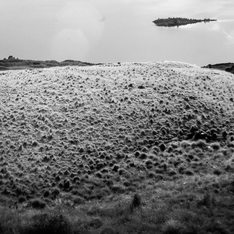 Some partly-cloudy, brightly-lit clumps of grass infront of a lake; a little island.